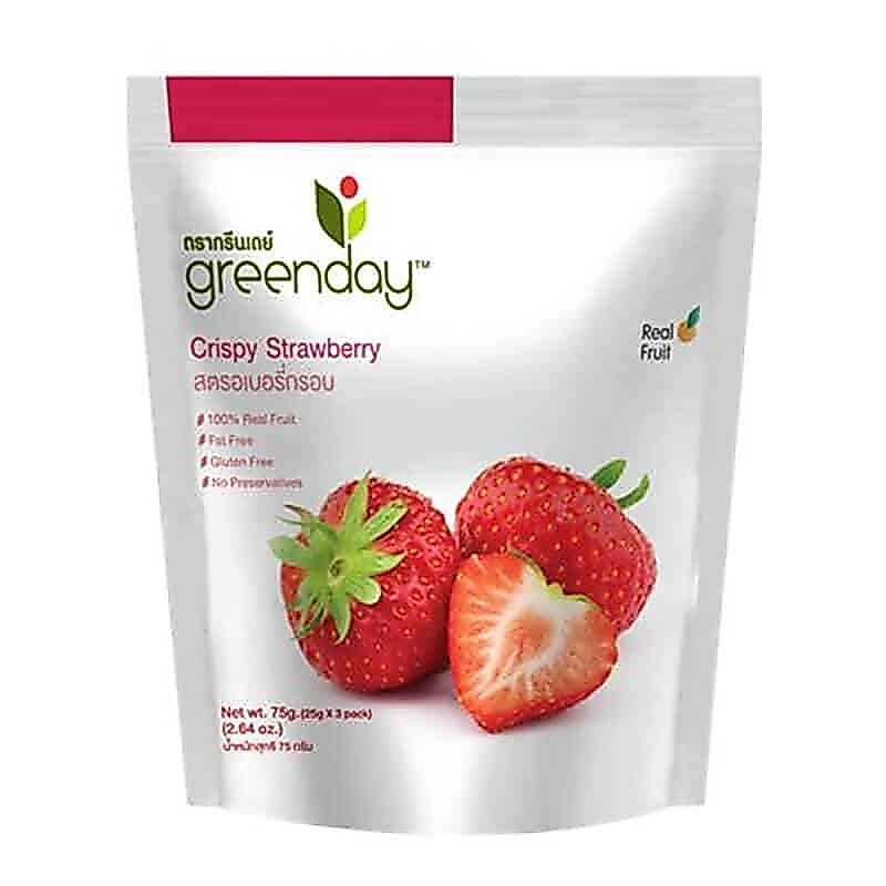 สตรอว์เบอรี่อบกรอบ กรีนเดย์ 75g (3x25g) ฟรีซดราย แอนตี้ออกซิแดนท์ Greenday Strawberry 3 Pack