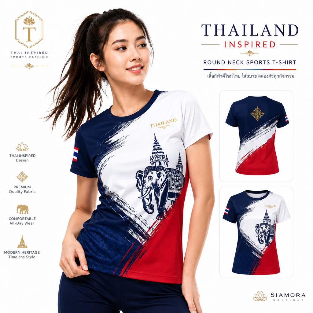 เสื้อยืดกีฬาผู้หญิง Thailand Inspired ลายช้างไทยและวัด คอกลมแขนสั้น ทรงเข้ารูป ผ้าเบาระบายอากาศ ใส่วิ่ง ฟิตเนส