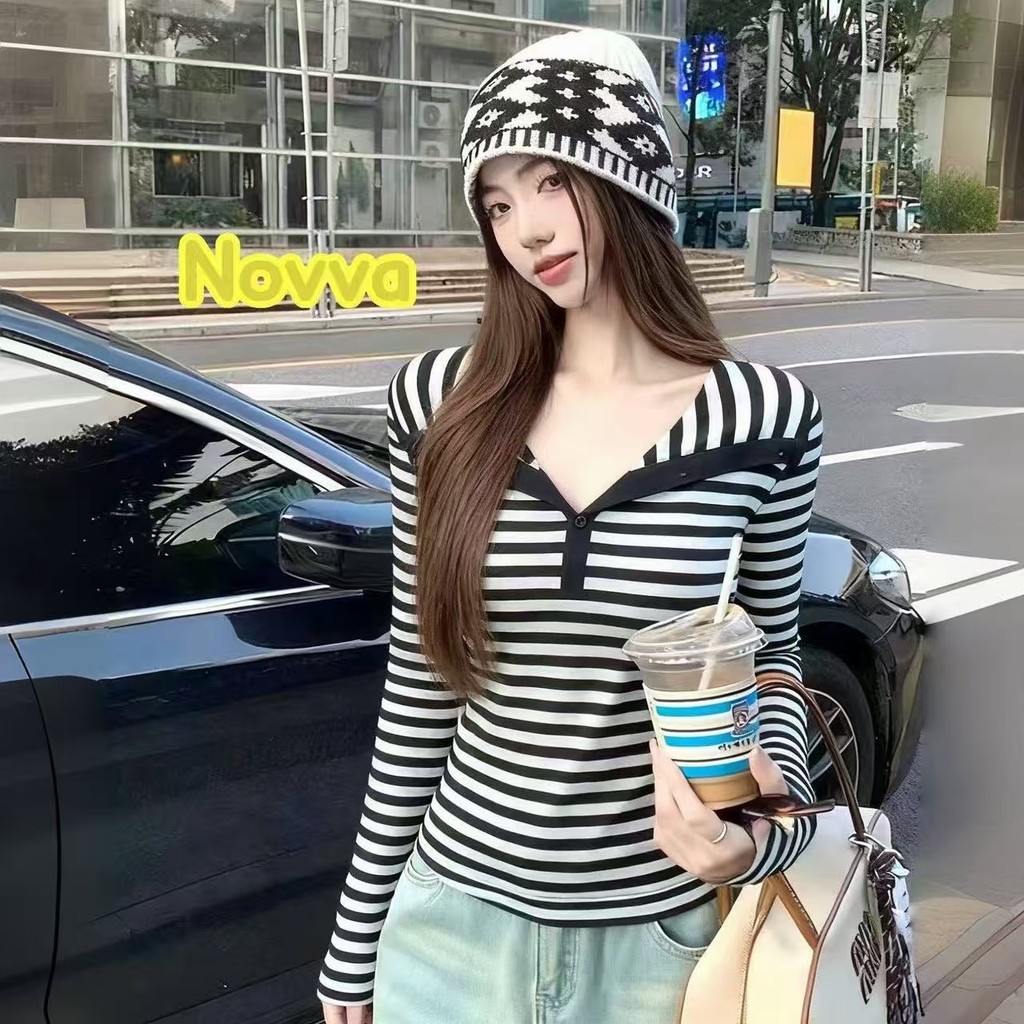 ส่งไวจากไทย สไตล์เกาหลี เสื้อยืดลําลอง แขนยาว ลายทาง สําหรับสตรี มีฮู้ด 2สี Novva
