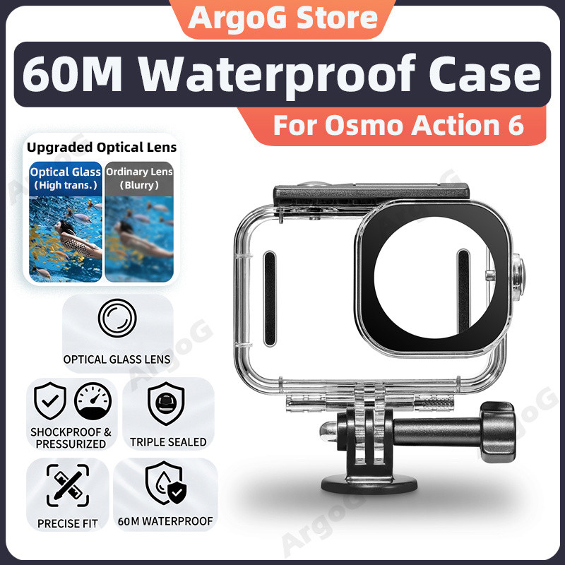 ArgoG เคสดำน้ำกันน้ำลึก 60 เมตรสำหรับ Osmo Action 6 กล่องกันน้ำใต้น้ำ อุปกรณ์เสริม Action 6