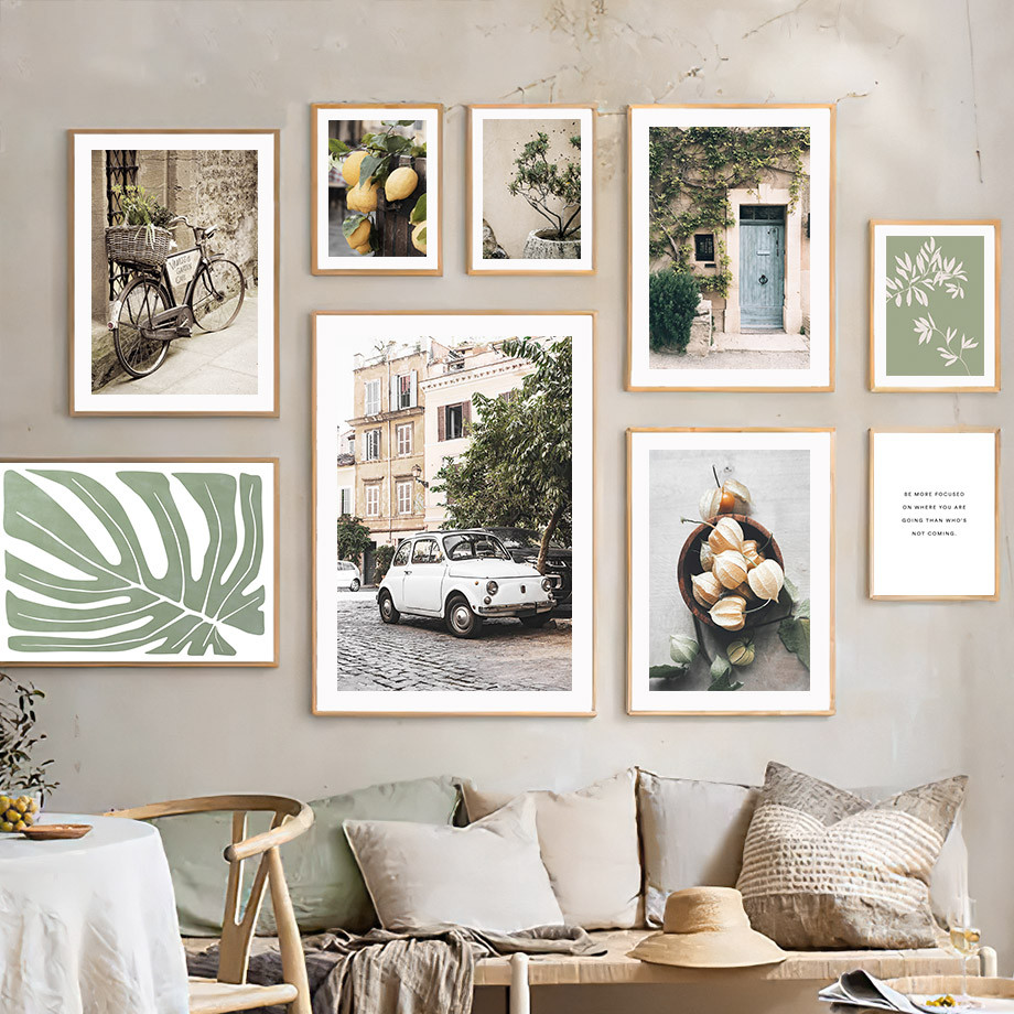 Nordic Town Retro Car Street Lemon Tree Leaf Wall Art ภาพวาดผ้าใบโปสเตอร์และพิมพ์ภาพผนังห้องนั่งเล่นตกแต่งห้องนอน