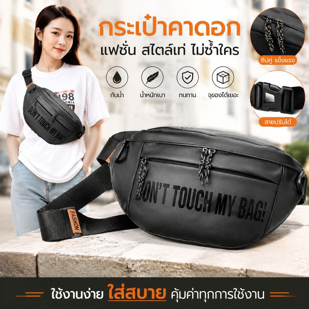 กระเป๋าคาดหน้าอกผู้ชายสไตล์สตรีทกันน้ําแฟชั่นพิมพ์สายรัดปรับได้วัยรุ่นแบบใช้คู่เอวกระเป๋าสะพายข้าง