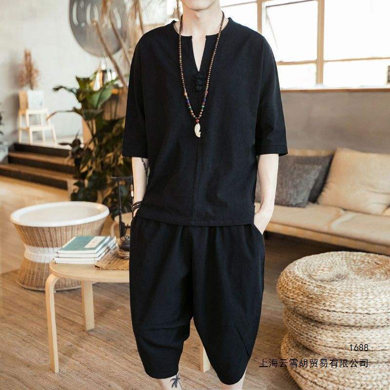 Asian Men Plus Size Thin Cotton Tang Hanfu Youth Short-Sleeved Zen Clothing 7.19