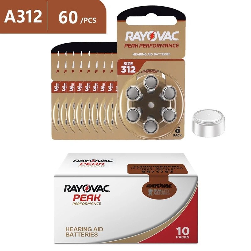 60 ชิ้นเครื่องช่วยฟังแบตเตอรี่ 312 A312 312A ZA312 312a PR41 Rayovac Peak UK สังกะสีปุ่มอากาศหู Aid 