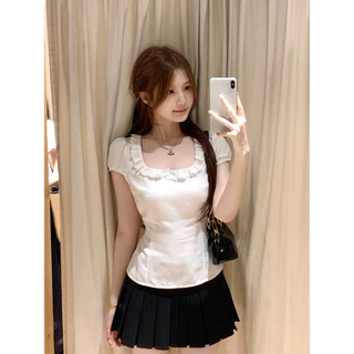 Vogue🌟พร้อมส่ง🌟 เสื้อแขนสั้นระบายลูกไม้สไตล์เกาหลี ทรงเข้ารูปน้ำหนักเบาใส่ได้หลากหลายโอกาศ (A2432)