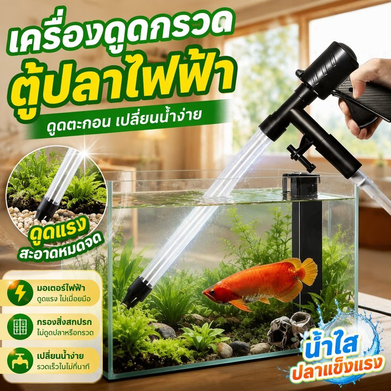 Pet Shop ที่เปลี่ยนน้ำตู้ปลา เครื่องดูดกรวดตู้ปลา 6 In 1 นิวเมติก ดูดตะกอน ดูดอุจจาระ ขูดสาหร่าย พร้อมท่อ