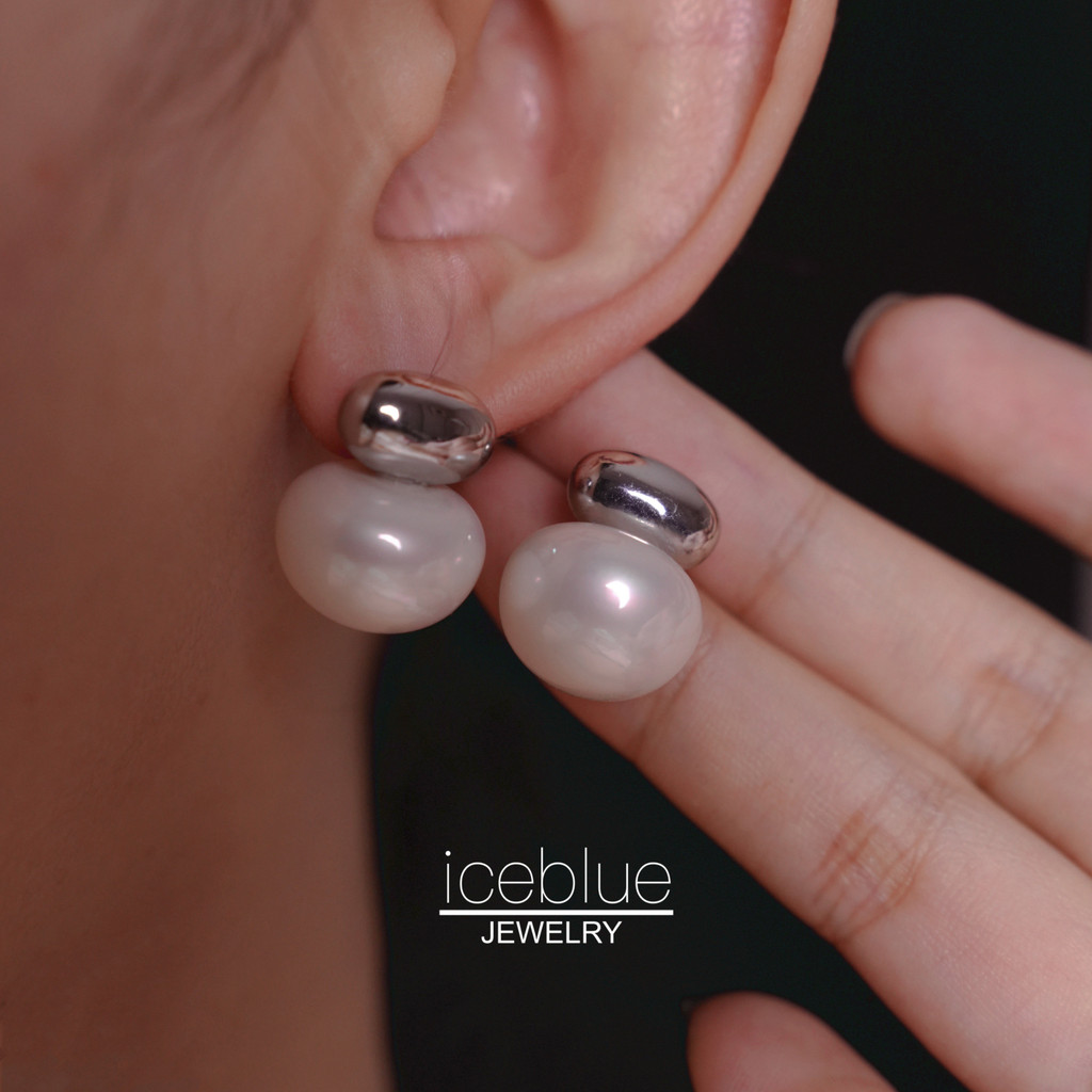 iceblue-ฝรั่งเศสมินิมอลวินเทจเข็มเงินลูกปัดวงรีมุกต่างหูสตั๊ดสําหรับผู้หญิงยอดนิยมที่สง่างามทุกการแข่งขันต่างหู E191