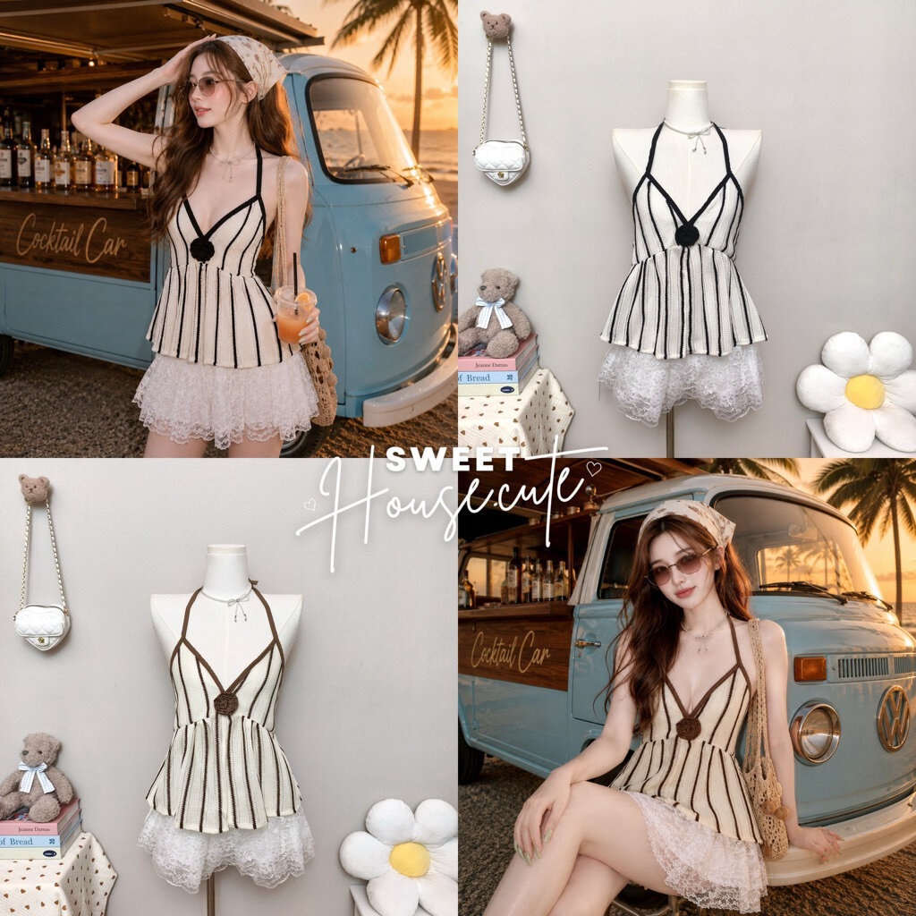 🧸 SweetHouse #753 🌻 เสื้อไหมพรมสายคล้องคอ ลายทาง แต่งดอกกุหลาบ สไตล์ Old Money เกาหลี + กางเกงลูกไม้