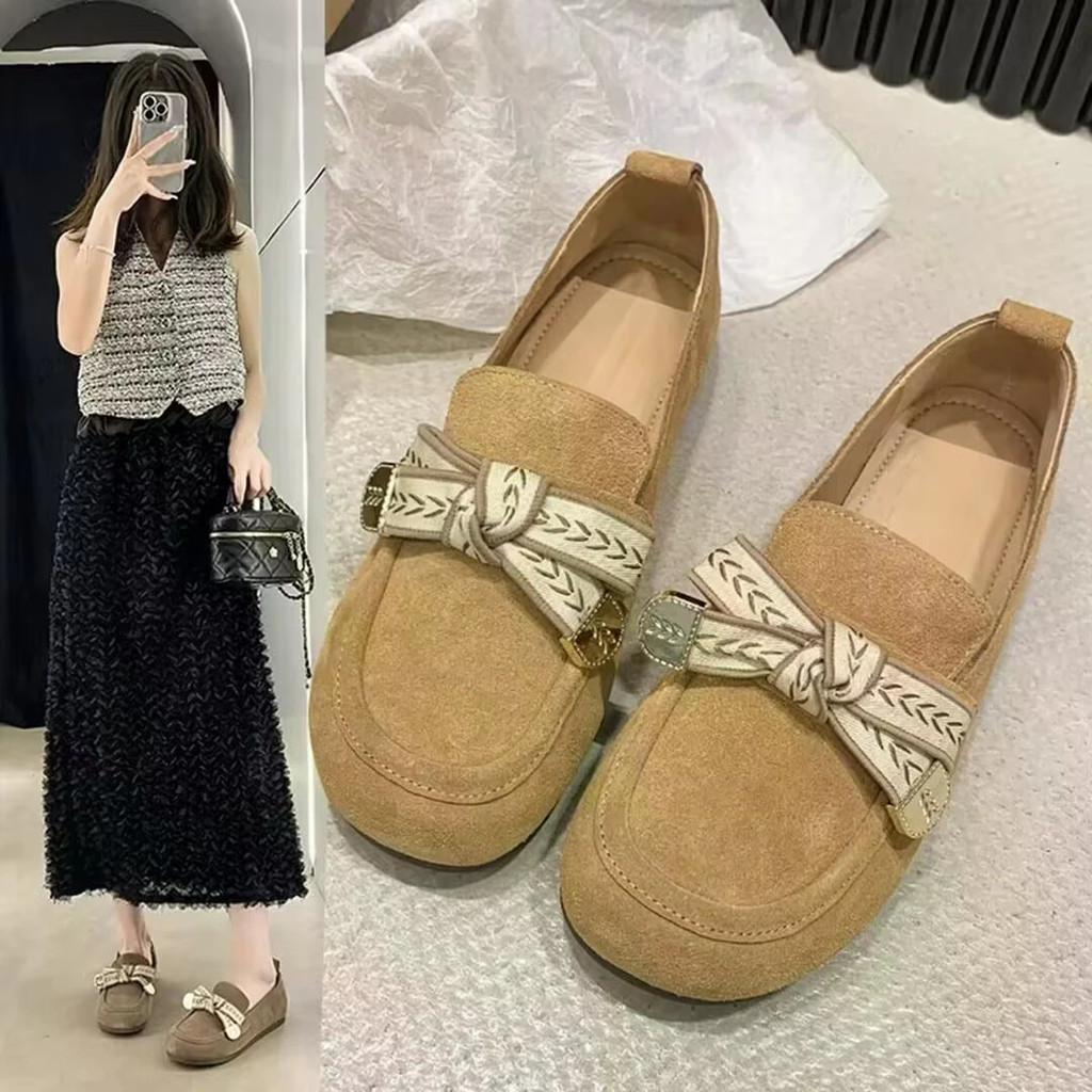 รองเท้าผู้หญิงรองเท้าแบน Slip-on Bow Lazy Shoes Beanie Retro Soft Shoes Boken Shoes