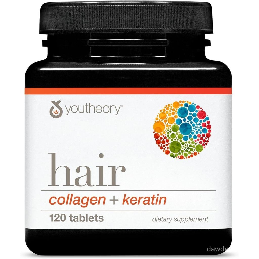 Youtheory Hair Collagen + Keratin - อาหารเสริมคอลลาเจนและเคราตินขั้นสูง - รองรับการเจริญเติบโตของเส้