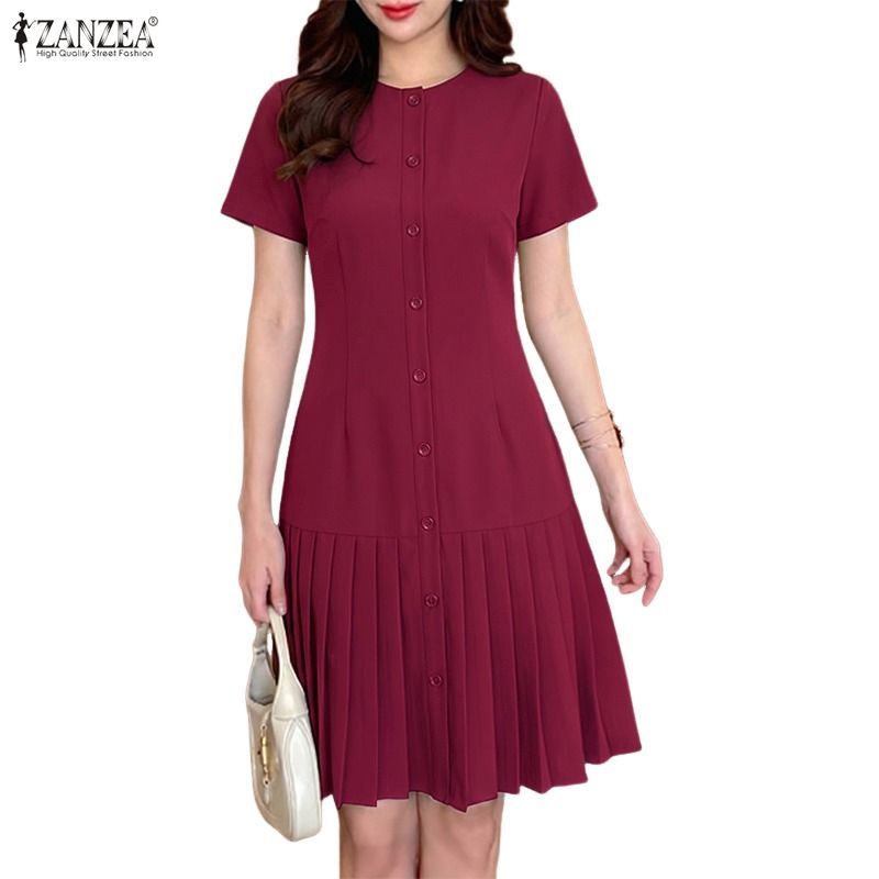ZANZEA ชุดเดรสแขนสั้นคอกลมลําลองสไตล์เกาหลีสําหรับผู้หญิง