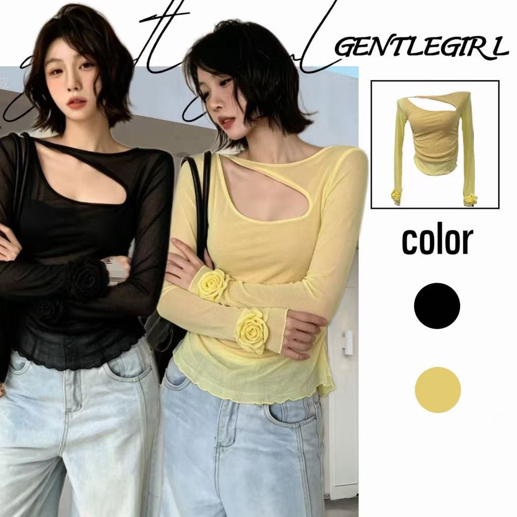 #GG🎀ดีไซน์แขนเสื้อประดับลายดอกไม้ ไหล่เปิด และคอเสื้อเว้า ช่วยให้เสื้อดูเพรียวและมีสไตล์