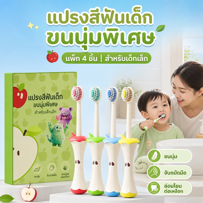 COD แปรงสีฟันสำหรับเด็ก 4pcs จับการ์ตูนน่ารัก ทำความสะอาดเหงือก ทำความสะอาดฟัน ป้องกันฟันผุ เหมาะสำหรับเด็กอายุ 3-12 ปี