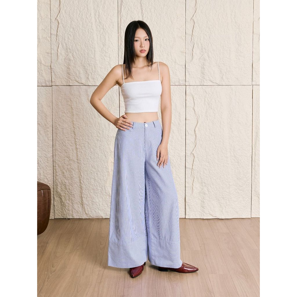 กางเกงขากว้างผู้หญิง THE CU กางเกงผ้าฝ้ายลายทางเอวสูงทรงตรง – Daxen Pants