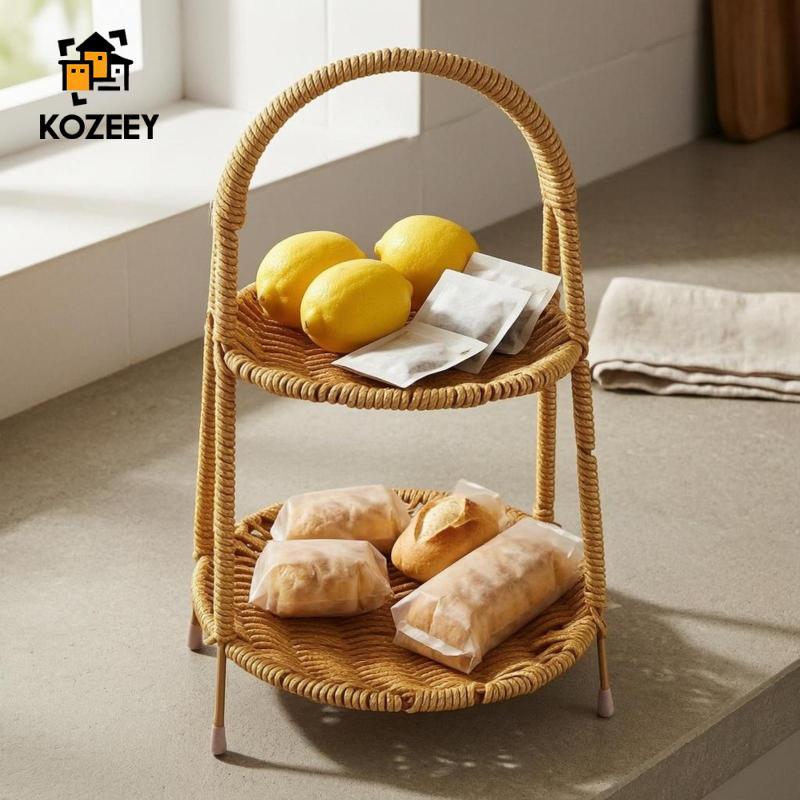 KOZEEY Tiered Tiered ถาดหวาย Rack Handmade Braided หวายสานสีเหลือง 3 ชั้น