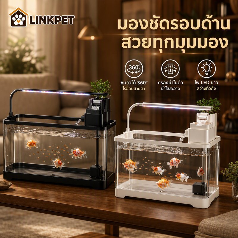 ตู้ปลา พร้อมระบบกรองในตัว ชุดเลี้ยงปลา ไฟแอลอีดี ปั๊มน้ำ ตู้ใส 360 พาโนรามา ตั้งโต๊ะ