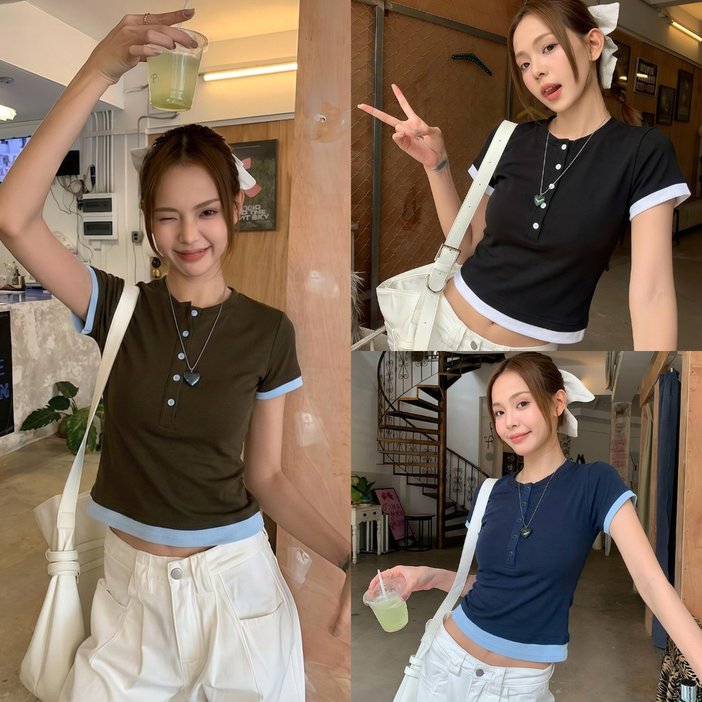 B&R พร้อมส่ง เสื้อยืดแขนสั้น T-shirt การตัดสี ดีไซน์แบบสองชิ้นเทียม ทรงสั้นเข้ารูป ผู้หญิง สไตล์เกาหลี