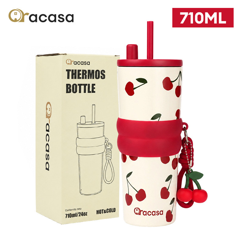 Oracasa 710ml แก้วเคลือบเซรามิกเก็บความเย็น พกพาสะดวก มีหลอดดูด แก้วใส่น้ำแข็ง ความจุ แก้วสำหรับใช้ในรถยนต์ แก้วกาแฟ