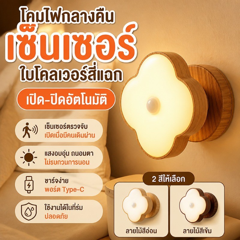 โคมไฟกลางคืนเซ็นเซอร์ใบโคลเวอร์สี่แฉก เปิดปิดอัตโนมัติ พอร์ตชาร์จType-C ไฟกลางคืนข้างเตียง ตกแต่งบ้าน