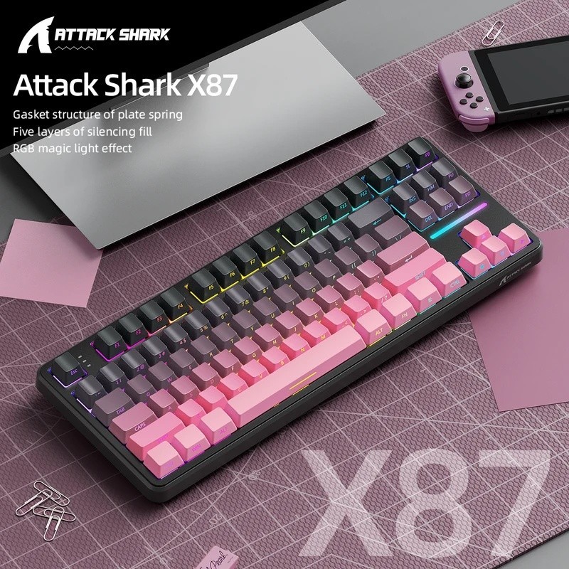ATTACK SHARK X87 คีย์บอร์ดไร้สาย 87 คีย์ TKL ปะเก็น RGB Hot Swap