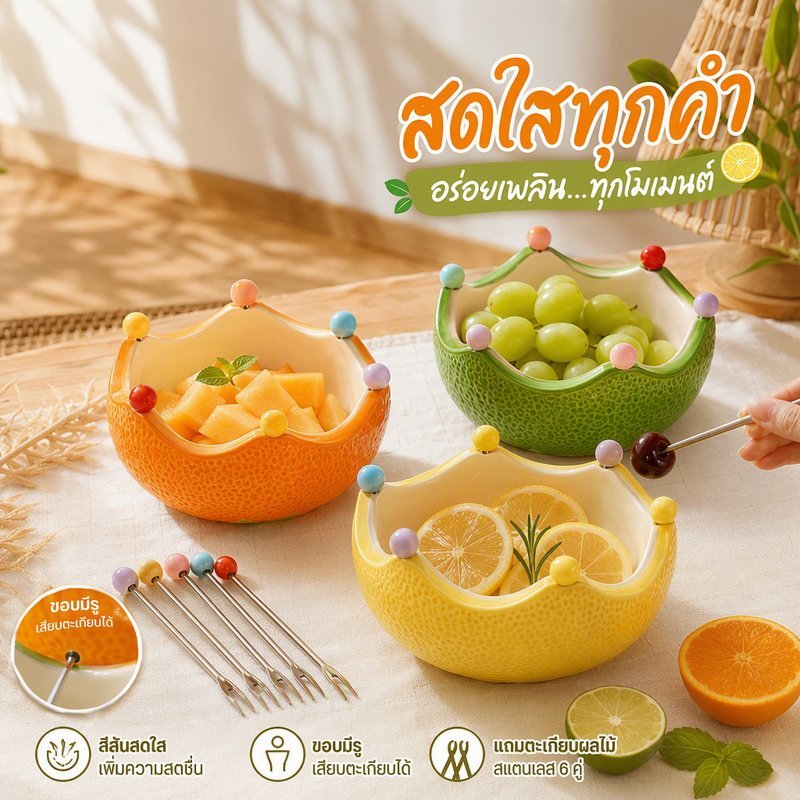 ชามผลไม้เซรามิกลายผลไม้ ดีไซน์เปลือกผลไม้สีสด ขอบมีรูเสียบตะเกียบ ชุดชามพร้อมตะเกียบ 6 คู่