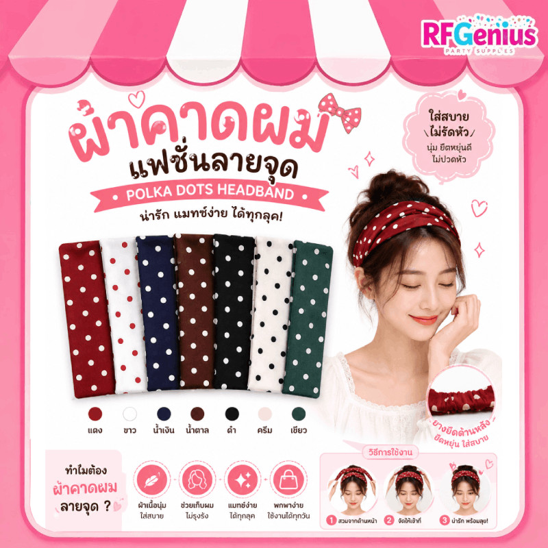 ผ้าคาดผมแฟชั่นลายจุด ผ้าคาดผมลาย Polka dots ผ้านิ่ม ไม่เจ็บหัว คาดผมสวย ใส่สบาย