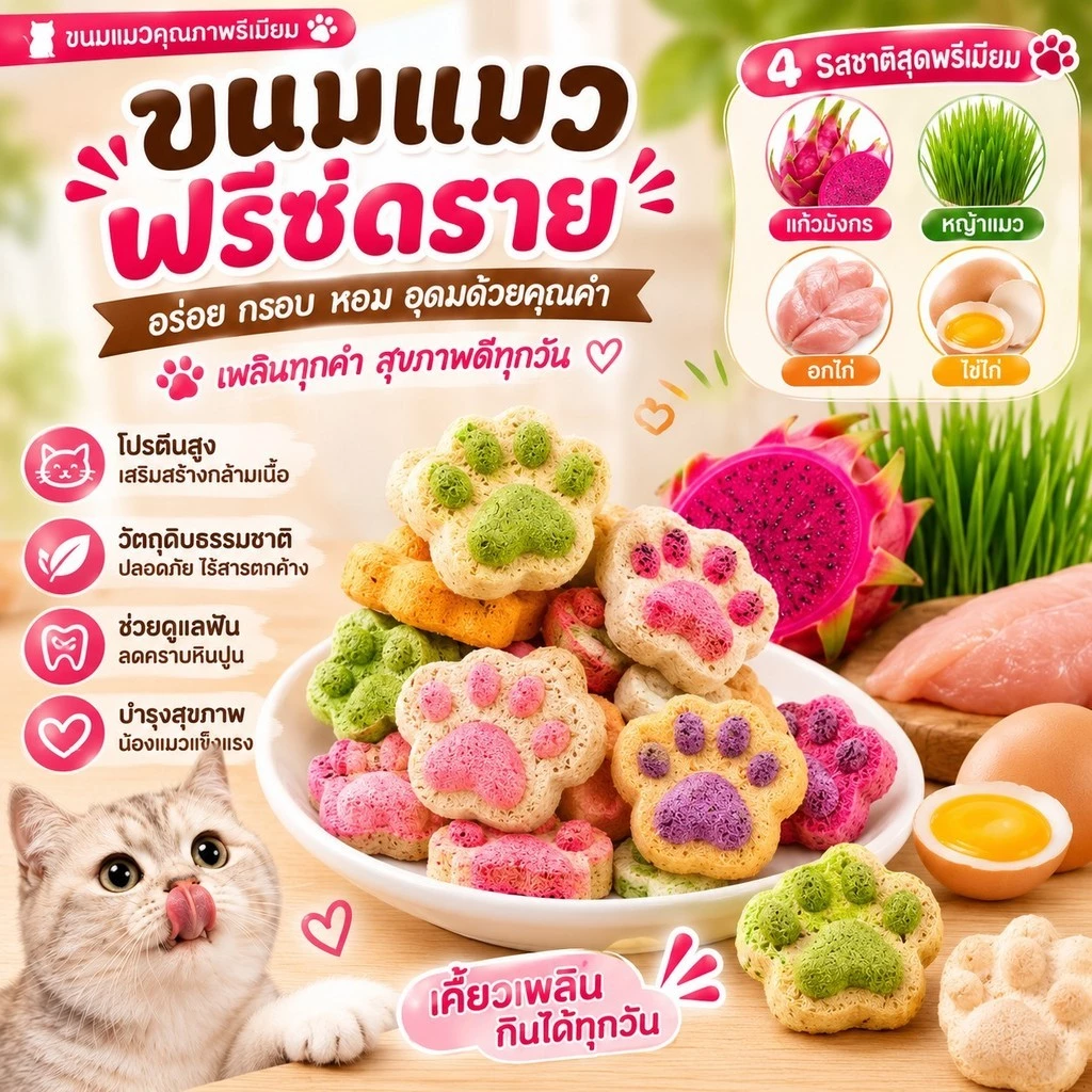ขนมแมวเนื้อไก่ฟรีซดราย อาหารว่างแมว โปรตีนสูง ไขมันต่ำ ย่อยง่าย เหมาะสำหรับแมวทุกวัย