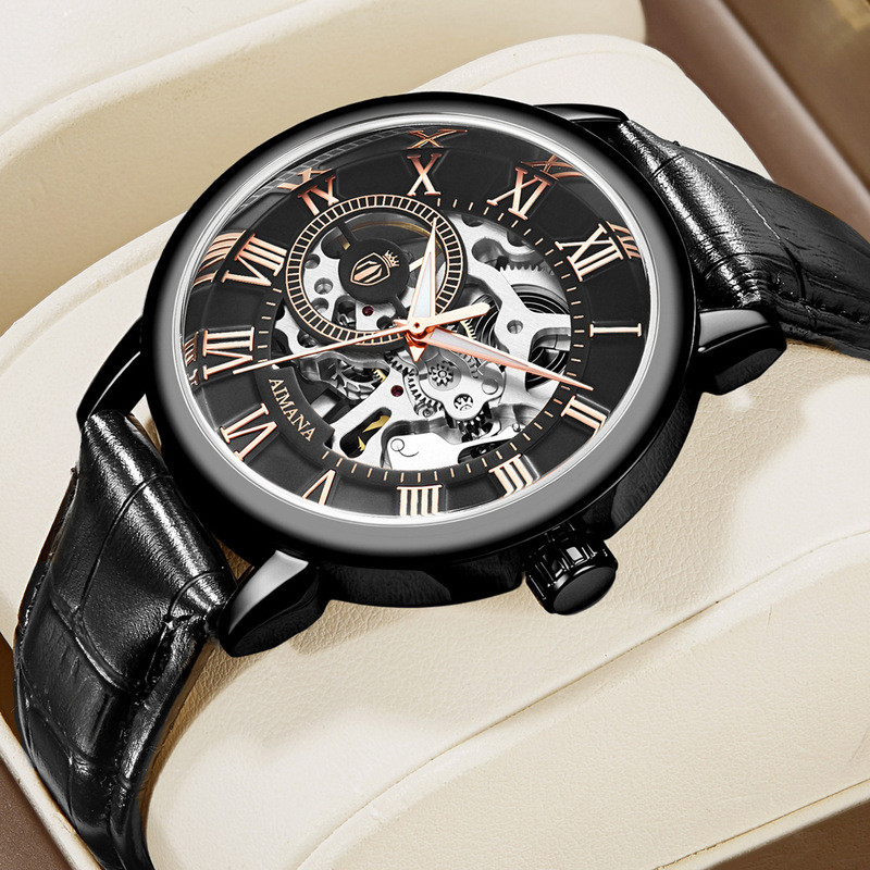 AIMANA ยี่ห้อนาฬิกาผู้ชาย Retro Skeleton Mechanical นาฬิกาสดนาฬิกาเข็มขัด