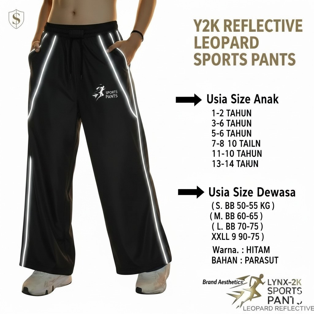 (Y2K) Y2K กางเกงกีฬาเด็กสีดําเสือดาวสะท้อนแสงมีกระเป๋า -