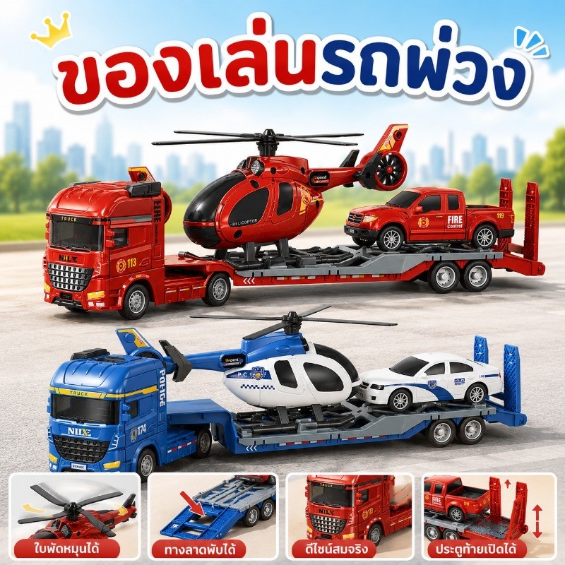 รถบรรทุกแบนพ่วงขนาดใหญ่ แรงเฉื่อย รถของเล่นเด็ก มีหลายแบบ — รถดับเพลิง รถตำรวจ รถทหาร เครื่องบิน  ของขวัญเด็กชาย 3+