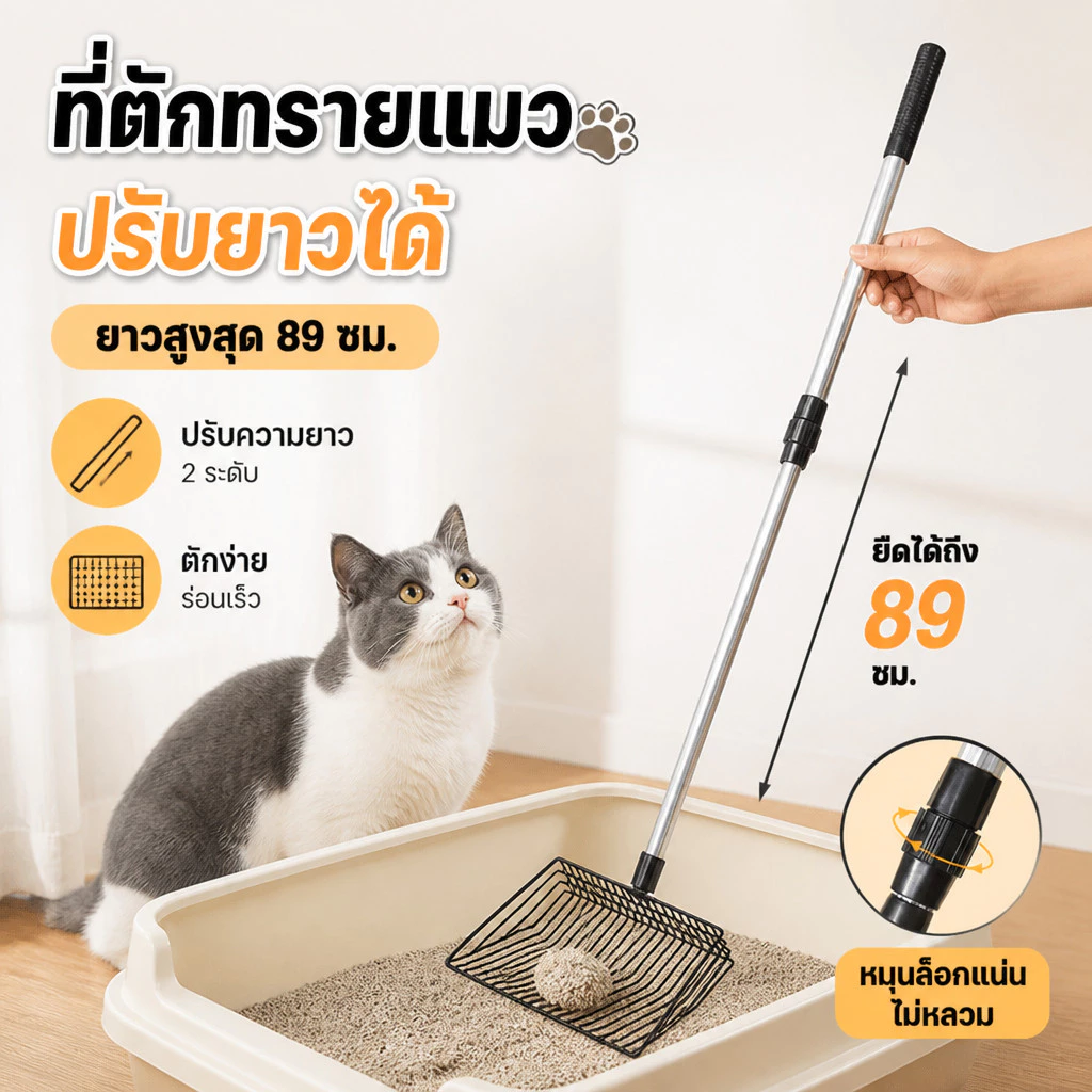 พลั่วตักอึสัตว์เลี้ยง ไม้พายทรายแมวแบบยืดหดได้ พลั่วตักขยะแมวโลหะสเตนเลส สำหรับร่อนทรายที่จับแบบขยาย