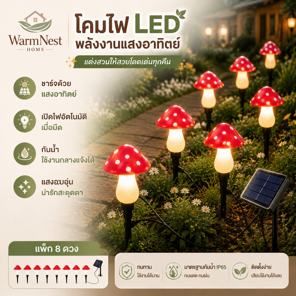 โคมไฟ LED พลังงานแสงอาทิตย์ กันน้ํา รูปเห็ด ไม่ใช้ไฟฟ้า ไฟสวน ไฟตกแต่ง