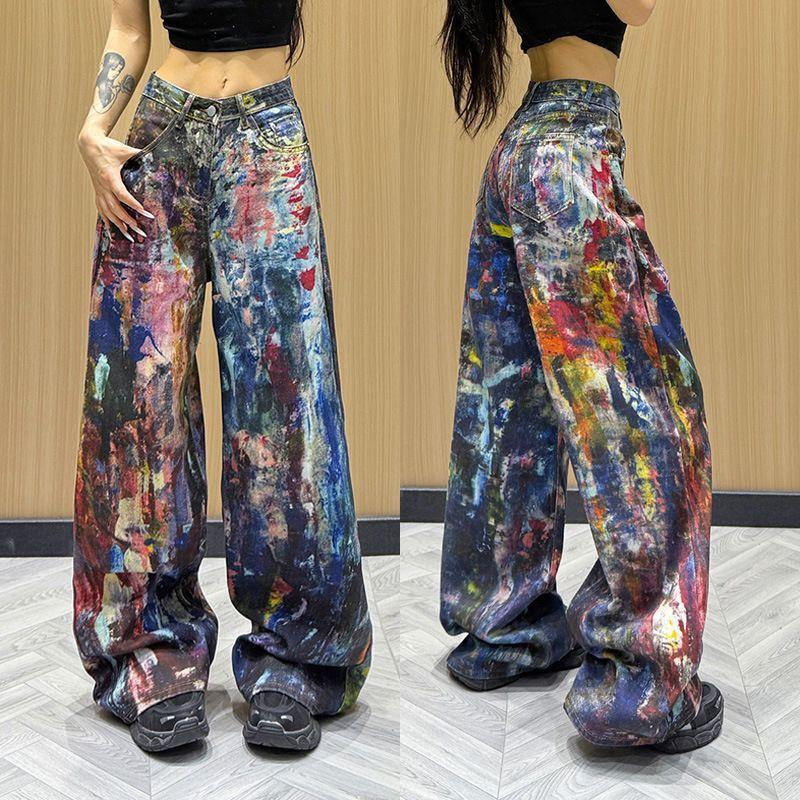 [จํากัดเวลา Seckill] American Heavy Industry Colourful Ink Splash Jeans Women All-Match Slimmer Look
