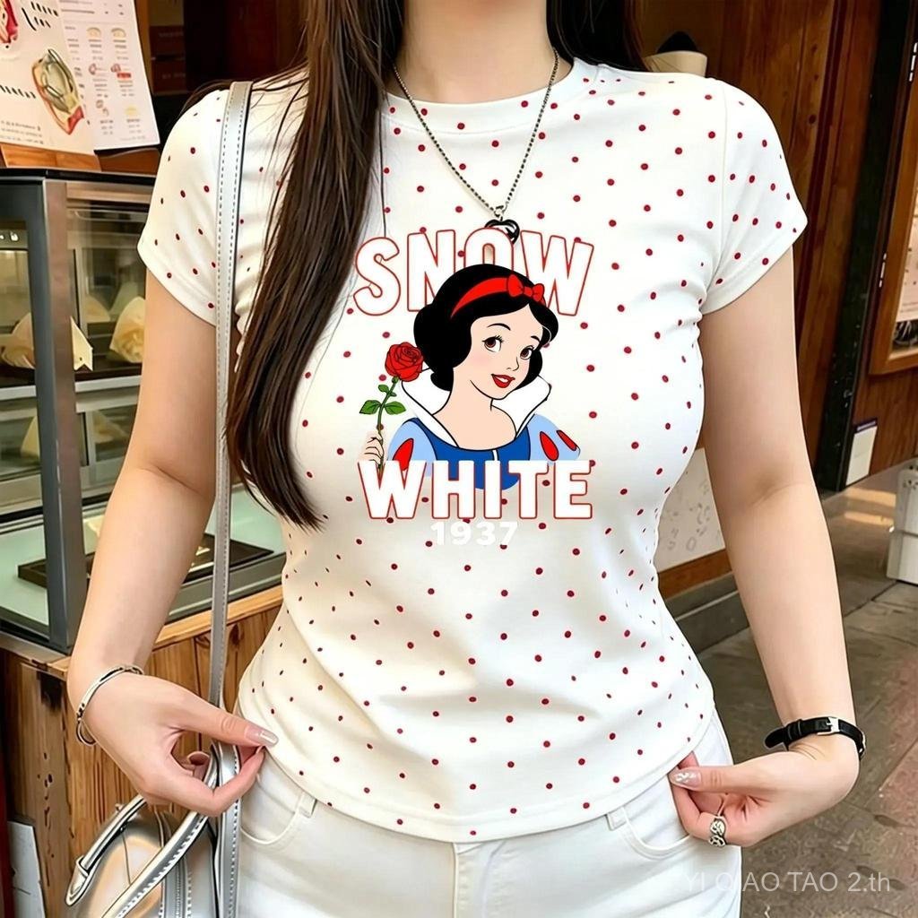 M-4XL ไหล่ผู้หญิง ลายจุด สไตล์เกาหลี ดีไซน์สุดคลาสสิก แขนสั้นเสื้อยืด สายรัด ฤดูร้อน ทุกโอกาส เกาหลี หญิง สาวฮอต ทันสมัย