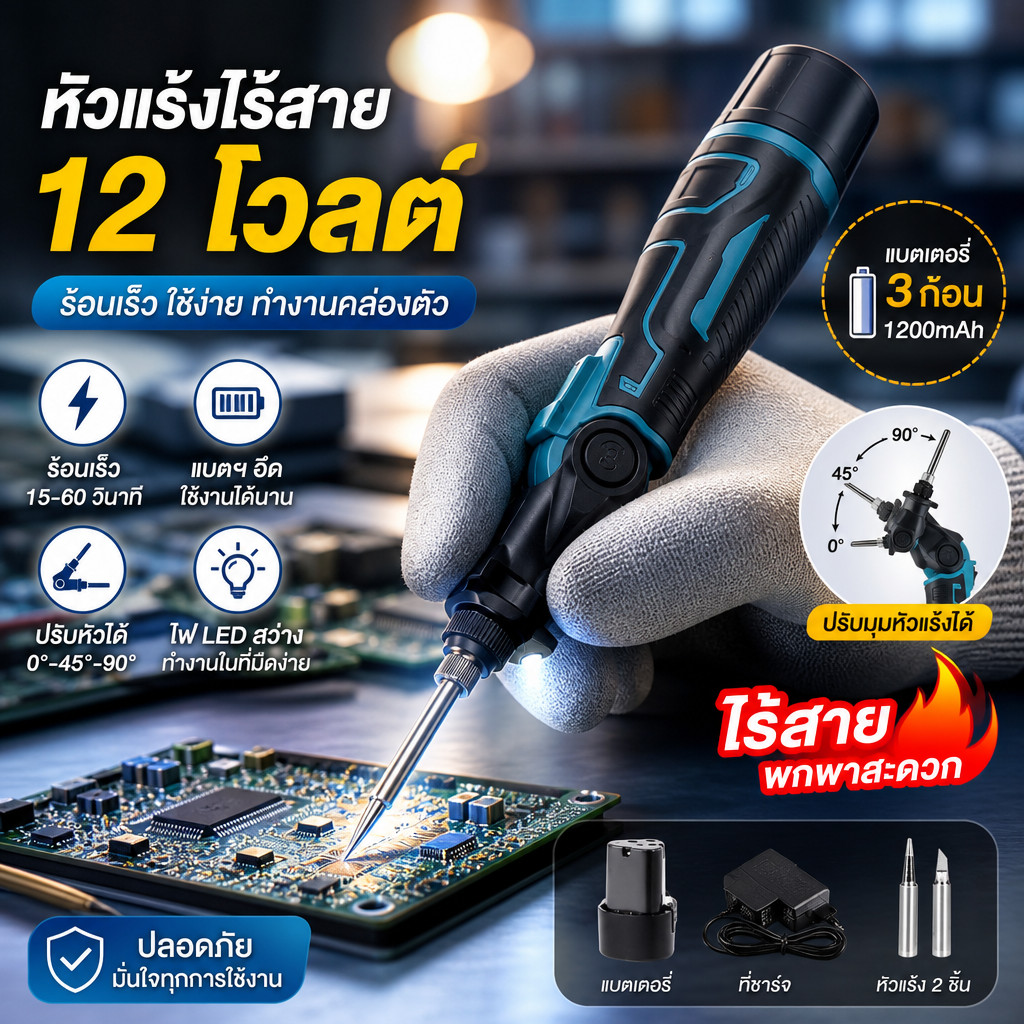 เครื่องเชื่อมไร้สาย 12V ไฟ LED ส่องสว่าง-ด้ามจับกันลื่น 3x1200mAh ปรับอุณหภูมิได้ งานซ่อมละเอียด