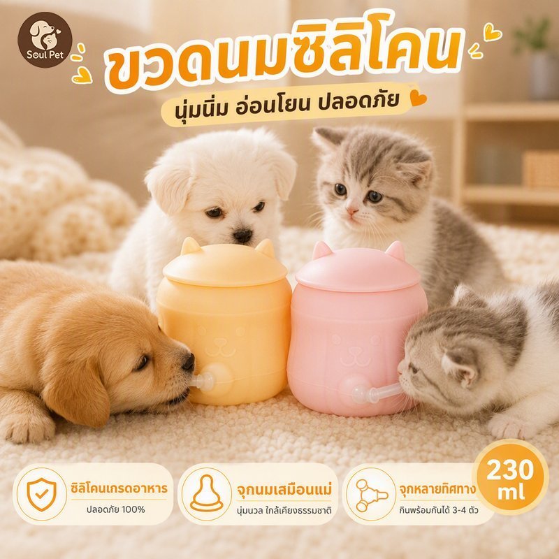 ขวดป้อนนมลูกแมวลูกสุนัข ซิลิโคนเกรดอาหาร จุกนิ่มเลียนนมแม่ รูครอสกันสำลัก ฐานดูด