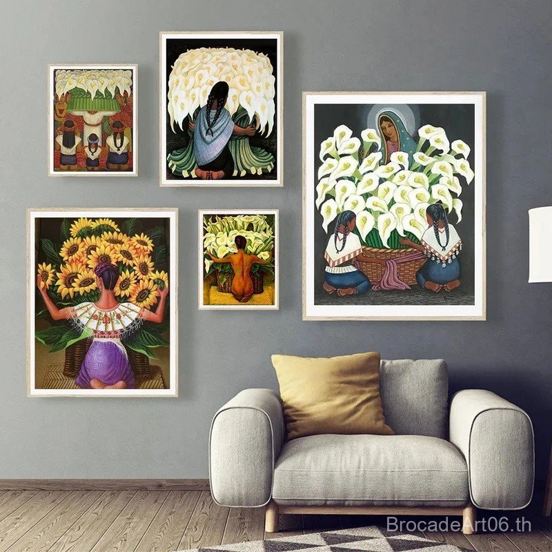 เม็กซิกันแบบดั้งเดิม Belief Virgin Mary Calla Lily หญิงภาพศิลปะโปสเตอร์บทคัดย่อ Retro รูปภาพวาดสีน้ํ
