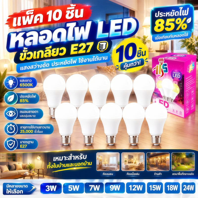 ✨แพ็ค 10 ชิ้น ✨หลอดปิงปอง หลอดไฟ LED หลอดไฟประหยัดพลังงาน ขั้วเกลียว E27 AC 220V~50Hz 24W 18W 15W 12W 9W 7W 5W 3W