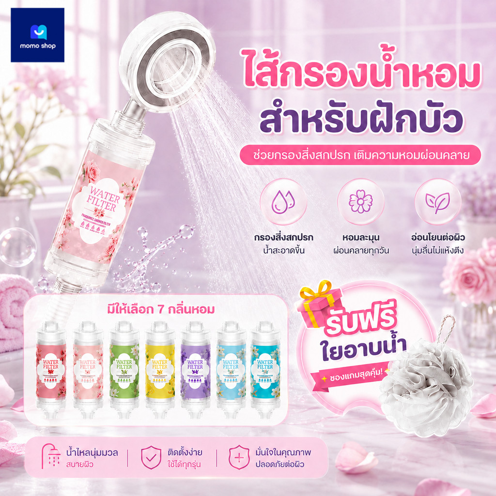 ตัวกรองฝักบัว วิตามินซี ไส้กรองอาบน้ำ ช่วยกรองคลอรีนและสิ่งสกปรก กลิ่นหอมติดผิว ติดตั้งง่าย มี