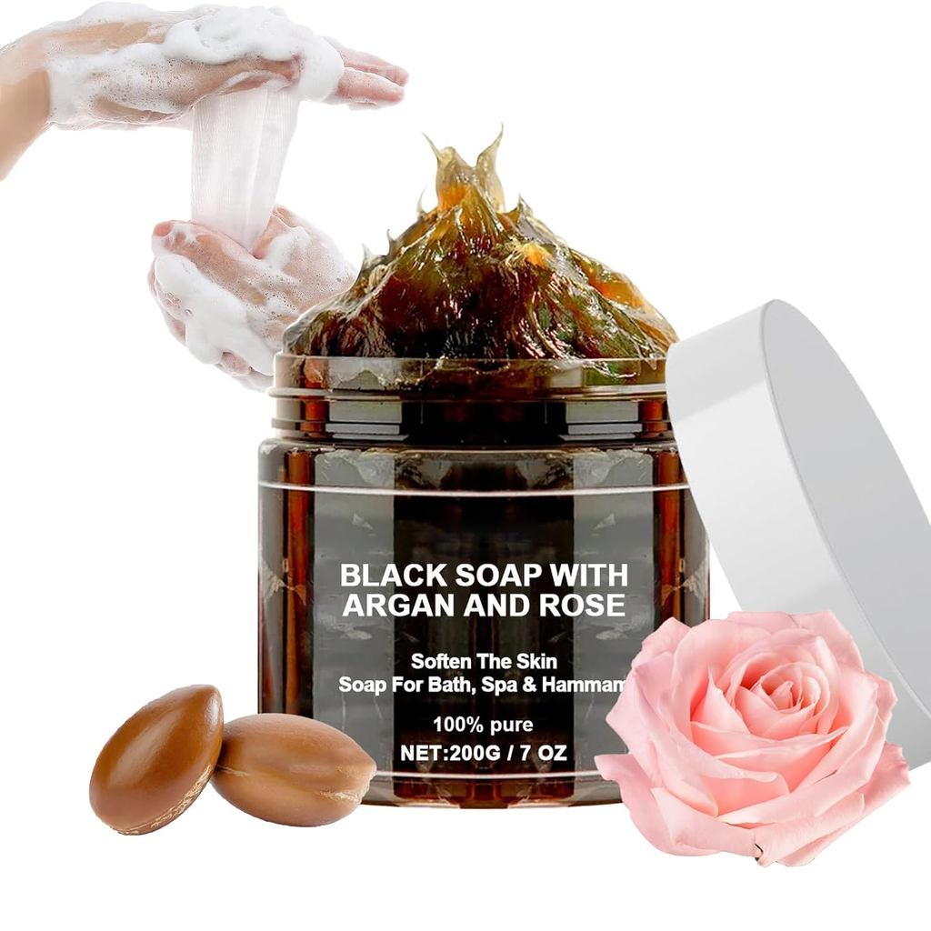 Grospe Morocco Black Soap with Argan & Rose, Exfoliating Moroccan Black Soap Hammam, Morocco Blacks 