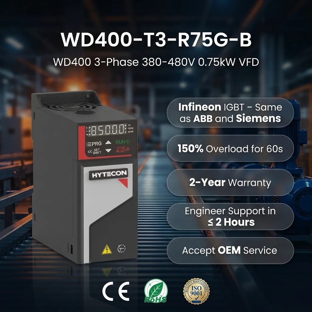 354B HYTECON WD400-T3-R75G-B VFD 0.75kW 380V อินเวอร์เตอร์ความถี่ 3 เฟสพร้อม Braking Unit Vector Con