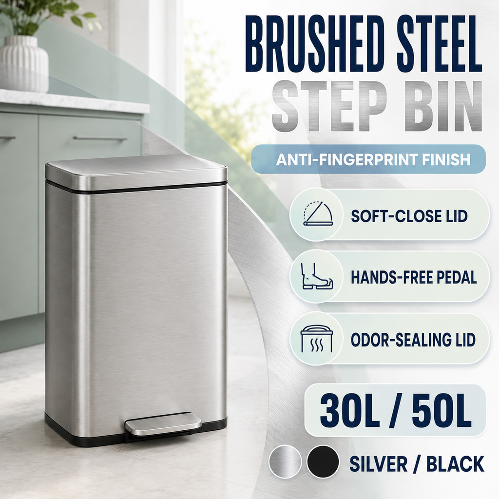Rubbish Bin Tong Sampah ถังขยะสแตนเลสเหยียบถังขยะห้องครัว 30L 50L ถังด้านในแบบถอดได้