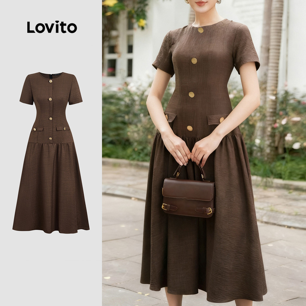 Lovito สง่างาม เดรสผู้หญิงสีน้ําตาลมอคค่า สไตล์หรู กระดุมหน้า เนื้อผ้าฤดูใบไม้ผลิ/ฤดูร้อน L165ED156