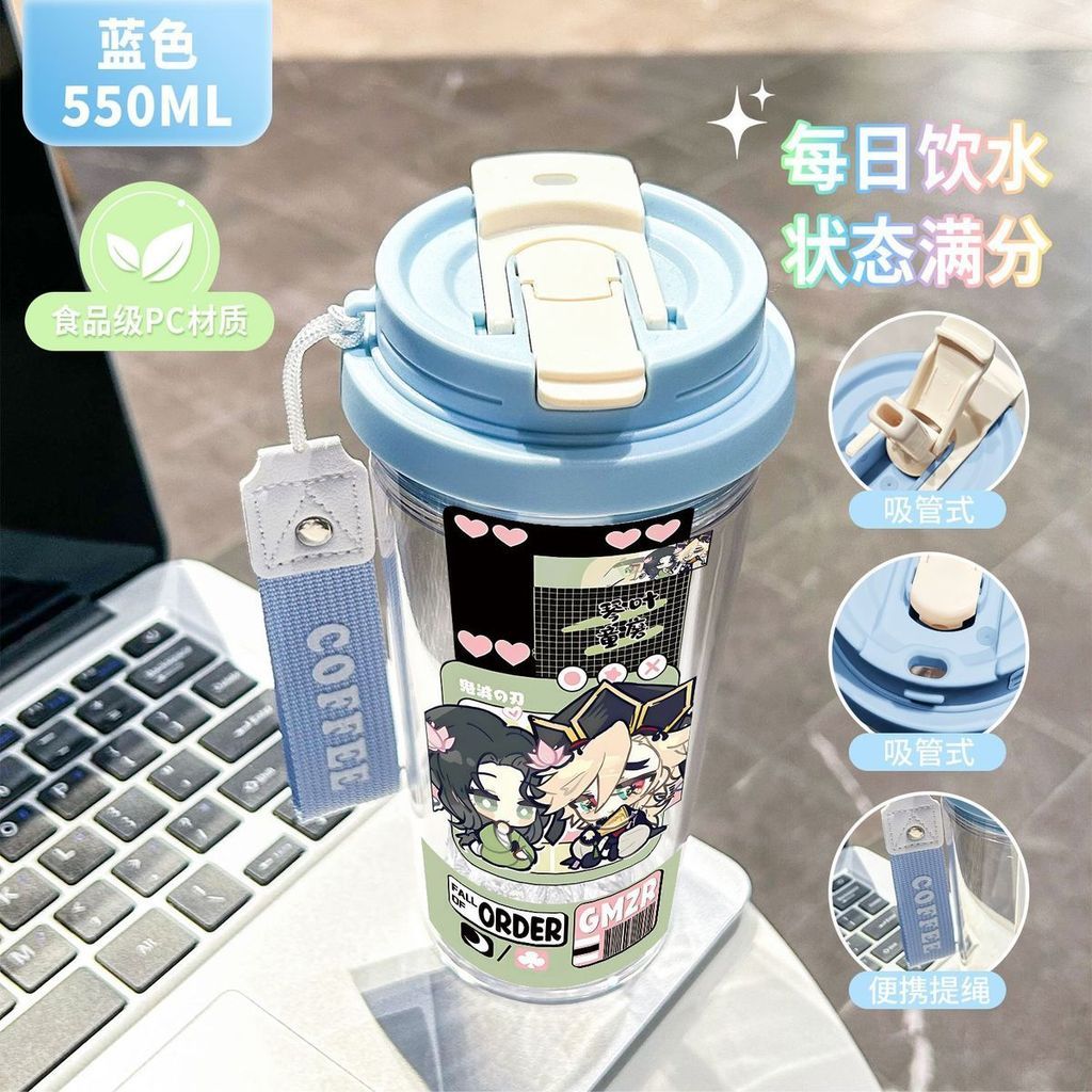 Demon Slayer การ์ตูน Dual-Drink ถ้วยฟาง Drop-Resistant Clear PC Body พร้อมสายพกพา