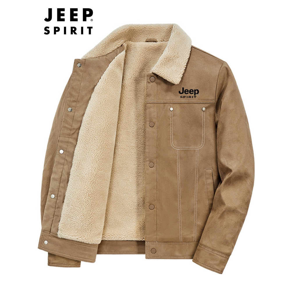 JEEP JEEP JEEP Lamb เสื้อแจ็คเก็ตขนสัตว์ผู้ชายฤดูหนาว Warm สไตล์ใหม่แปรงหนา Lamb Wool Lapel เสื้อแจ็