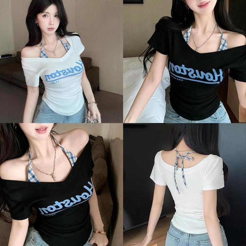 BIMI เสื้อเชิ้ตสั้นสไตล์ V คอ แบบสองชั้น คอเสื้อสายห้อย สำหรับสาวร้อน ในฤดูร้อน ไหล่ตรง เสื้อทีเซ็กซี่สั้น สำหรับผู้หญิง