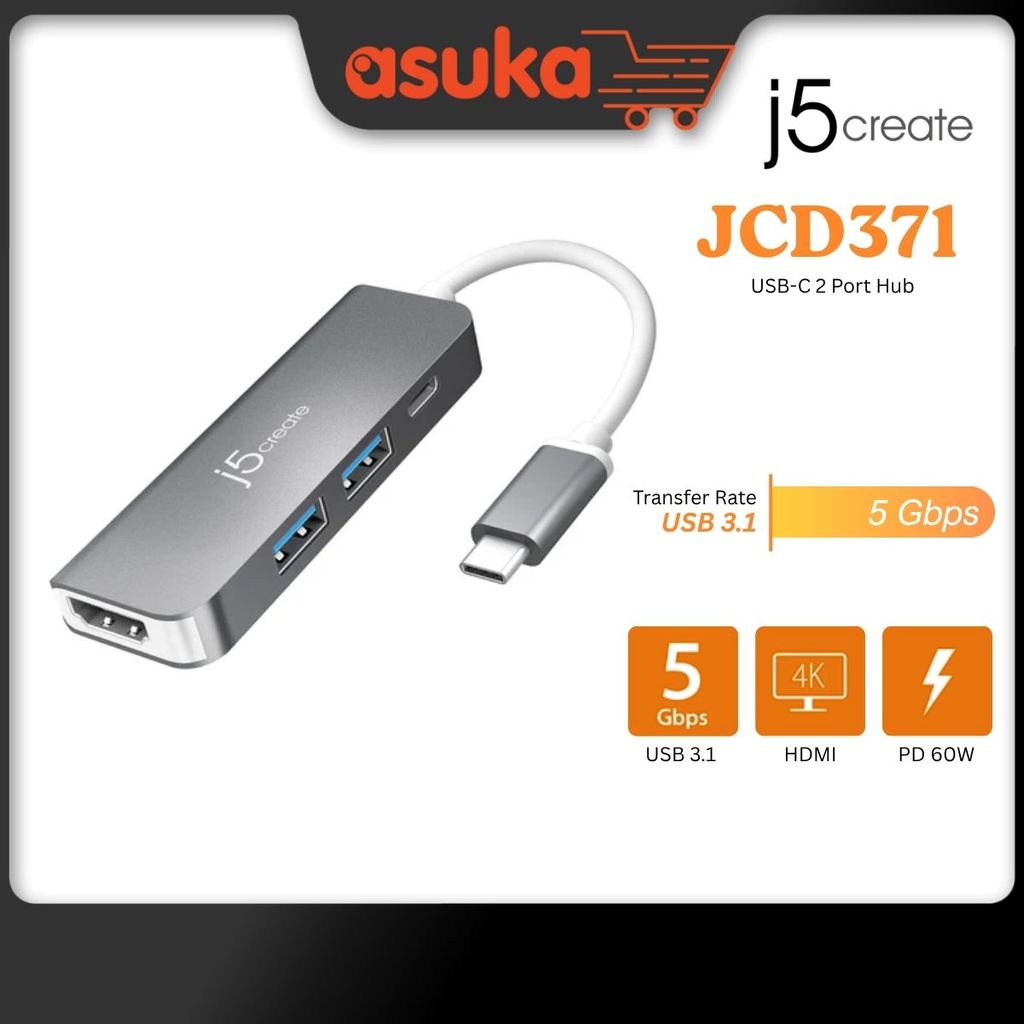 J5Create JCD371 ฮับ USB-C 2 พอร์ต พร้อมอะแดปเตอร์ HDMI และการจัดส่งไฟฟ้า