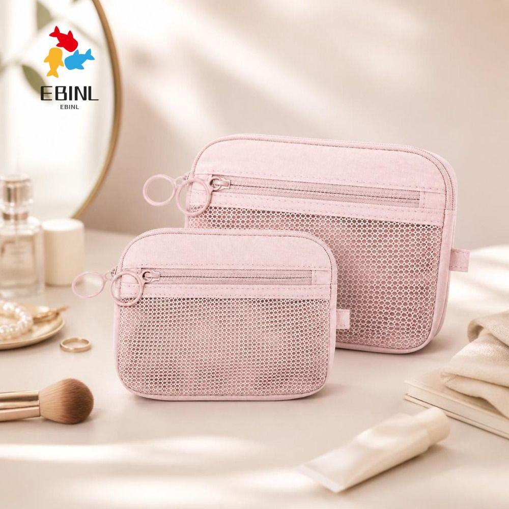 EBINL Travel Organizer,Double Layer Pink Mesh Storage Pouch, Zipper Portable Nylon Cosmetic Bag for 