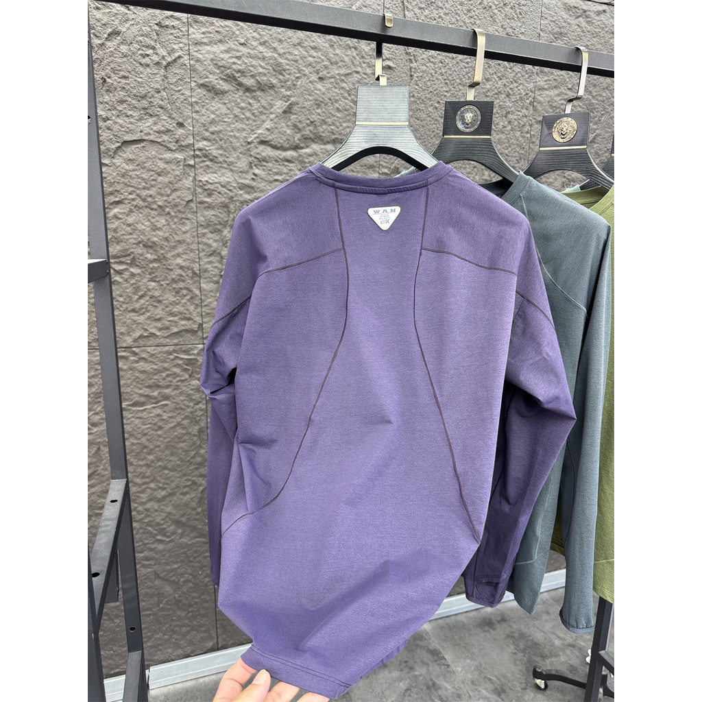 Svip ~ กีฬากลางแจ้ง TEE ฤดูใบไม้ร่วงผู้ชายรอบคอสีทึบยืด Breathable สบายสบายๆแขนยาว T @-