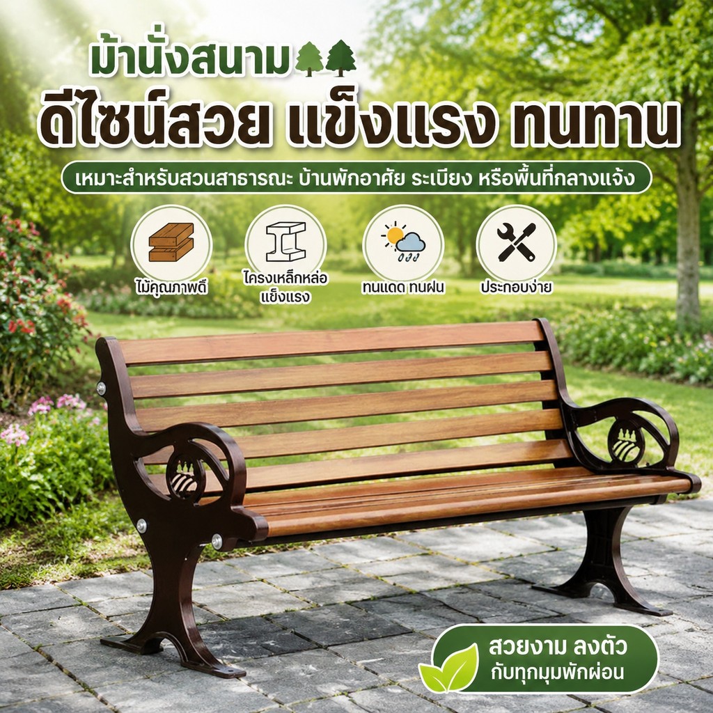 Park Bench เก้าอี้ยาวกลางแจ้ง Courtyard Leisure ที่นั่งสังกะสีอลูมิเนียมป้องกันการกัดกร่อนไม้เนื้อแข